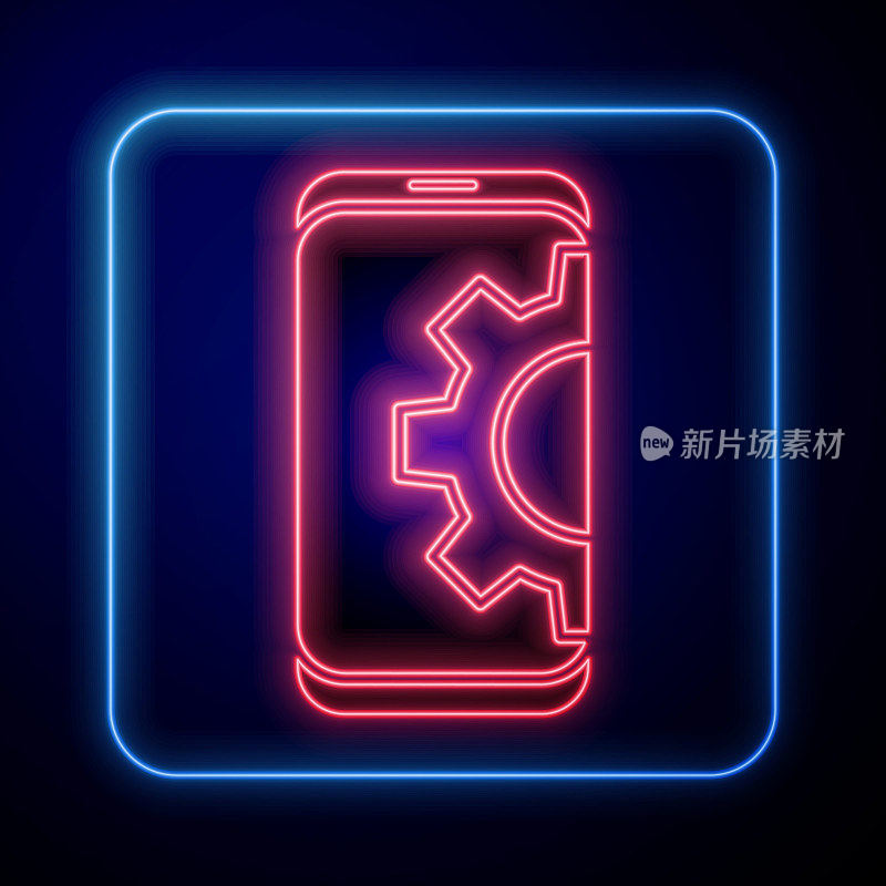 Glowing neon Setting on smartphone icon isolated on blue background. Adjusting, service, setting, maintenance, repair, fixing. Vector Illustration